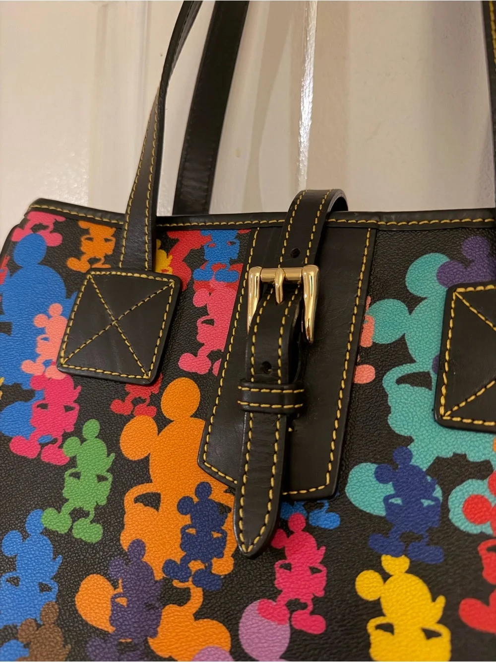 Disney Dooney & Bourke Black Multicolor Mickey Print Tote Purse Black Leather